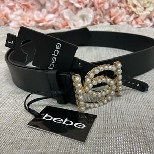 Bebe Black and Cream Belt with Pearl Accents